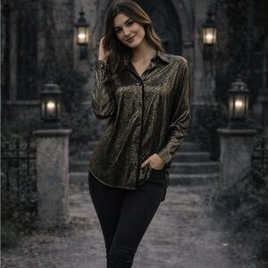 Joanna Black & Gold Metallic Swirl Button Front Blouse | Size L